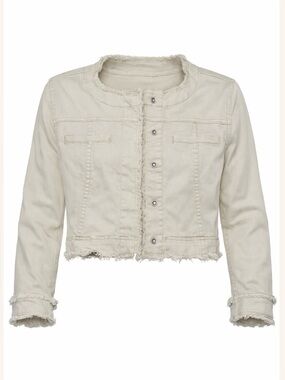 Tempo Paris Designer Cream Cropped Denim Jacket—Frayed Trim, Small